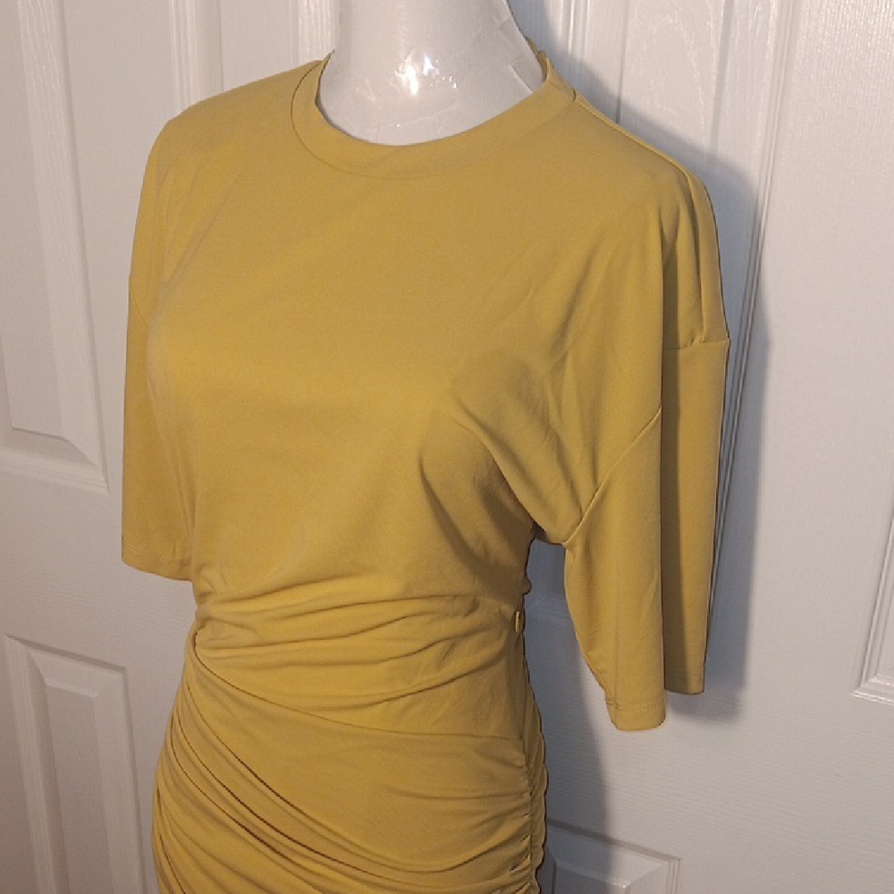 ZARA NWT Draped Ruched T-Shirt Mini Dress Chartreuse Yellow XS - Picture 4 of 16